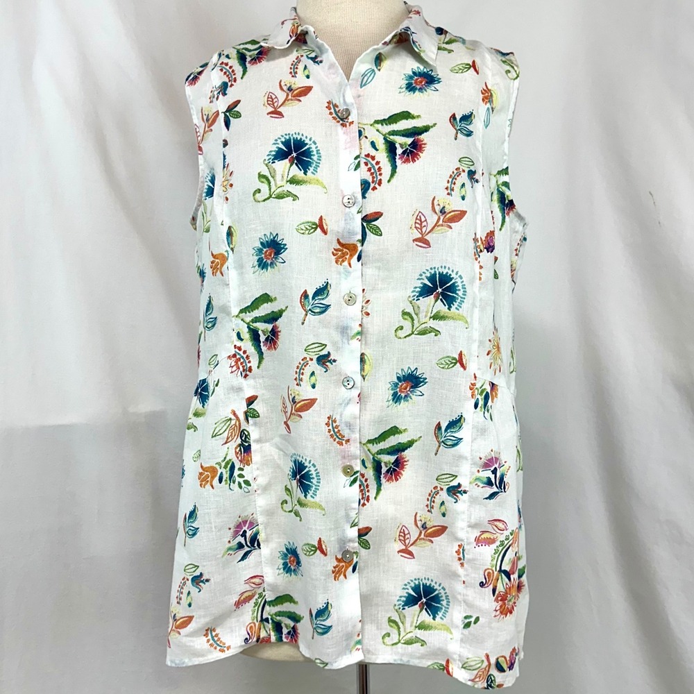 J JILL Love 100% Linen Floral Button Front Sleeveless Tunic Top White M Petite